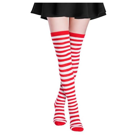 Alaoo Ringelstrümpfe, 1 Paar Kniestrümpfe, Klassische Ringelsocken für Erwachsene & Kinder, Overknee Strümpfe für Party Stützen Kostüm Halloween (Rot+weiß)
