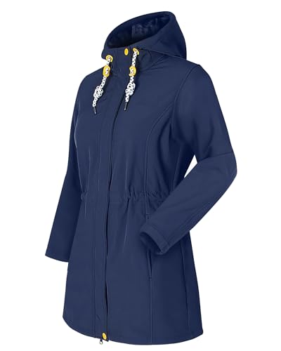 ATLASLAVA Softshellmantel Damen Lang Softshelljacke Übergangsmantel Wasserdicht Winterjacke Fleece gefüttert mantel Outdoor Übergangsjacke Navy Blue-M