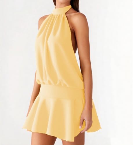 Image of Women's 2025 Summer Halter Dress Sleeveless Open Back Ruffle Tiered Layered Chiffon Pleated A Line Swing Mini Dress