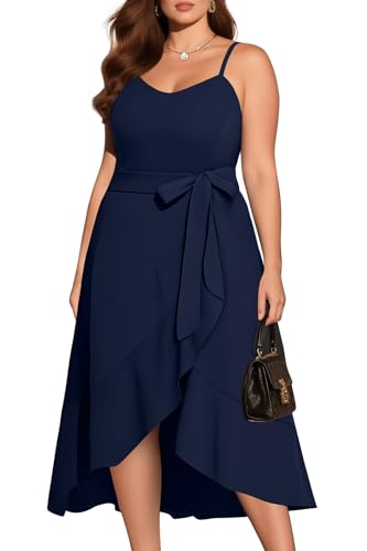 Image of Pinup Fashion Plus Size Cocktail Party Wedding Guest Semi Formal Midi Dress | Sexy V-neck, adjustable spaghetti strap, belted waist, fit and flare, flowy high-low ruffle hem, ideal for prom, homecoming