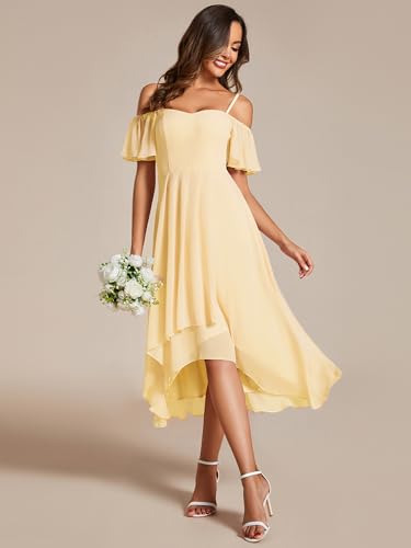 Image of Ever-Pretty Women's Summer Cold Shoulder Hi-Lo Asymmetrical Hem Flowy Chiffon Short Wedding Guest Dress 02103