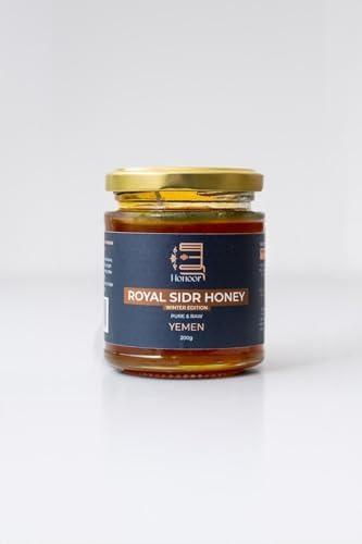 Honoor Royal Yemeni Sidr Winter Harvest with Royal Jelly Highest Grade Extremely Rare | Natural Unfiltered Unheated Pure Honey 200 Grams | Unpasteurised Raw Honey Luxury Honey in a Glass Jar