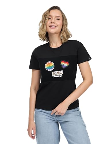 Black Velcro Patch Shirt for Women - M with LGBT Sticker Set, Customizable Velcro Patch Area for Equality and Pride