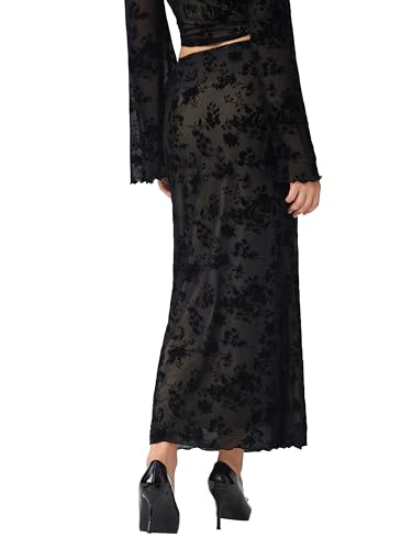 CIDER Floral Print Mesh Maxi Skirt Women's Elegant Evening Date Night Party Skirt3