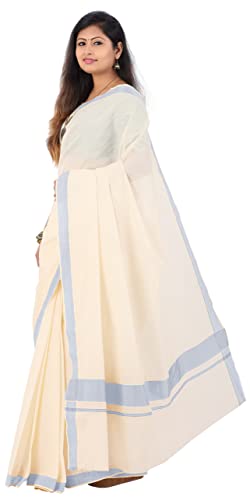Image of Women's Kerala Traditional Cotton Kasavu Saree with Running Blouse | Sari for Weddings, Festivals, Temple Visits, Onam Vishu & Regular Wear