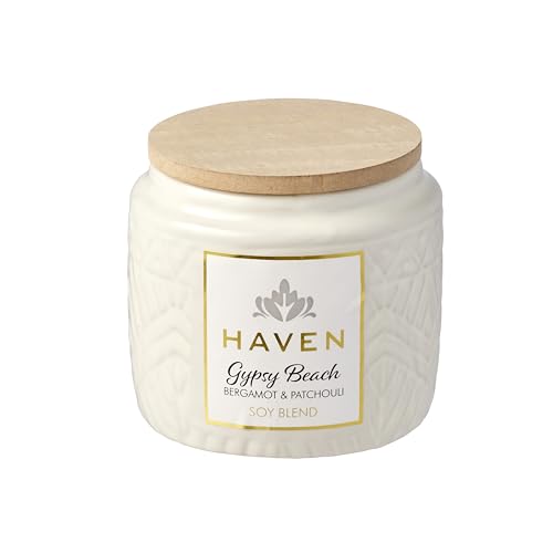 Haven Bergamot & Patchouli Scented Candle in Ceramic Jar - Clean-Burning Soy Wax Blend with Natural Cotton Wick - Long-Lasting Aromatherapy Candle for Home Decor & Fragrance