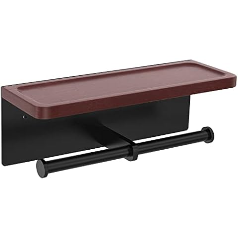 Toilet Paper Holder with Shelf, YUMORE Double Roll Tissue Holder Wall Mount Wooden Shelf, Dual TP Dispenser Storage for Bathroom, Washroom, Flushable Wipes Dispenser,Matte Black Cover