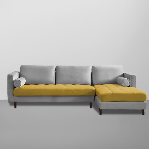 Image of Lezra RHS 4 Seater L Shape Sofa Set for Living Room (Yellow Grey Fabric) Premium Fabric Sofa
