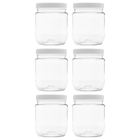 CLEARVIEW CONTAINERS - 6 Pack of 12 Ounce Plastic Jars with 70RM Leak Proof Seal Lid - Food Grade and BPA Free (12oz, 6pk) Cover