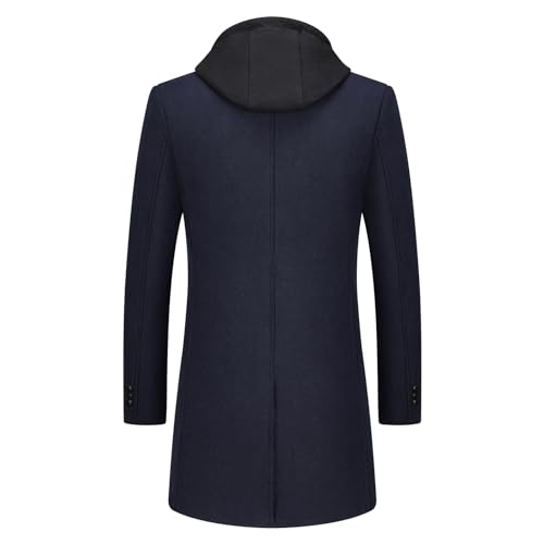 KUDMOL Mens Wool Trench Coat Solid Casual Padded Outdoor Overcoat Long hooded Warm Coat Jacket