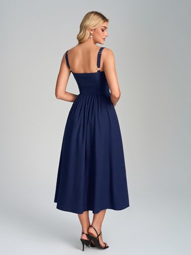 Image of KUTUMAI Floral Corset Midi Dress Flowy Slit Summer Spring Wedding Guest Dresses for Women Sundress with Pockets