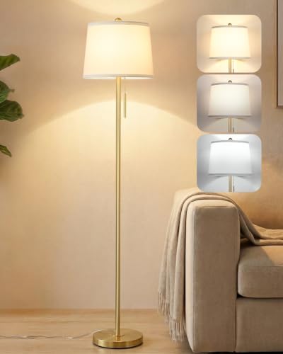 JUNNAI Floor Lamps for Living Room 63 Tall Standing Lamp with Lampshade 3 Color Temperatures E27 Socket Modern Floor Lamp for Bedroom Living Room Office Gold(9W Bulb Included)