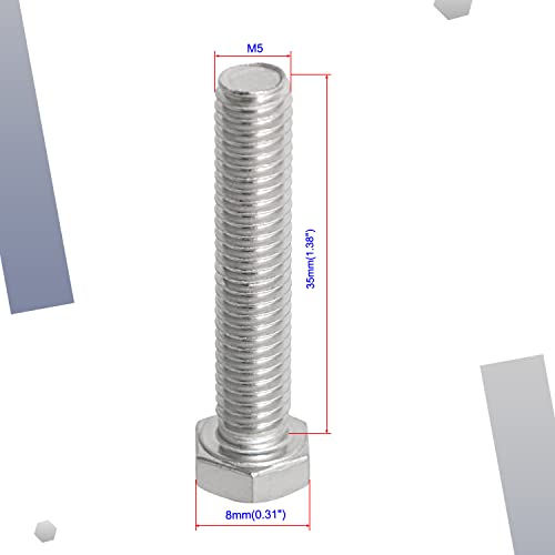 Image of M5 x 35mm Hex Head Bolts Screws Grade 5.8 Stainless Steel, Fasteners Fully Machine Threaded SUS304 10 Pcs