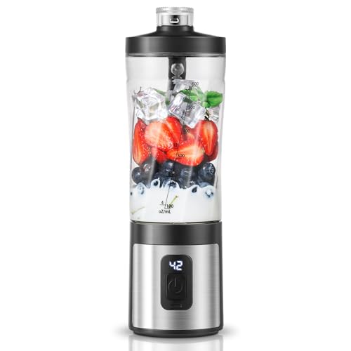 AMZCHEF Batidora portátil de 600ML, pantalla digital y vaso sin BPA, Mini Batidora con 6 cuchillas,6000 mAh carga rápida USB-C 2H (15 ciclos) para batidos/smoothies/proteínas en polvo - Negro