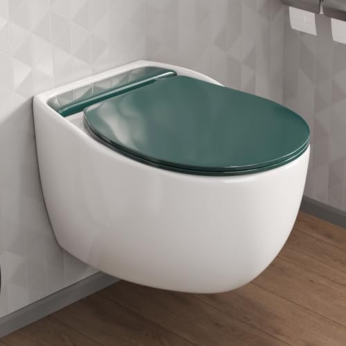 Image of B Backline Elite Ceramic Rimless Wall Hung Western Toilet /Water Closet /Commode /European Commode With Soft Close Toilet Seat Cover - P Trap 57 X 39 X 42 Cm (Aqua Green)