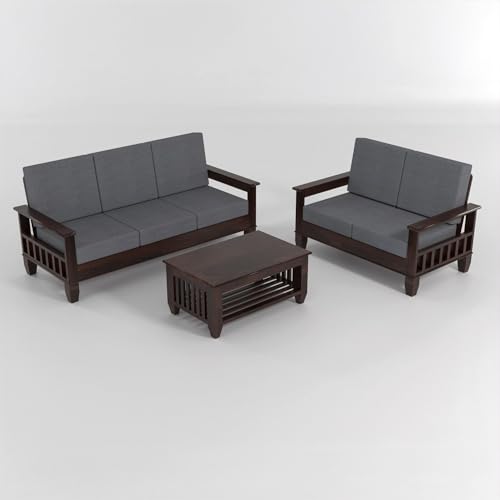 Image of Sheesham Wooden 5 Seater Sofa Set for Living Room | Rosewood Cushion Sofa with Side Newspaper Holder for Home & Office | Solid Wood Sofa Set for Lounge (Walnut, 3+2 Seater)