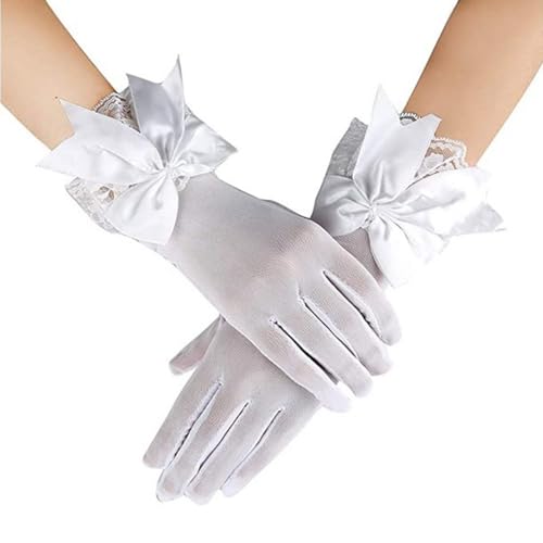 Short Lace Mesh Gloves Tulle Border with Bow Wedding Funeral Opera Tea Party Gloves for Women