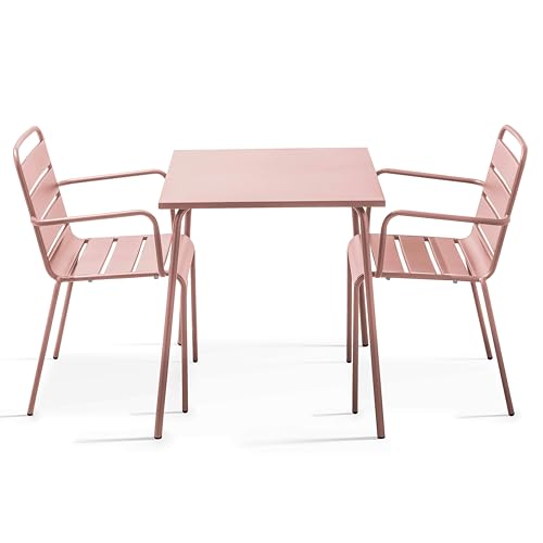 Oviala Ensemble Table de Jardin carrée et 2 fauteuils Acier 70 cm Rose poudré - Palavas