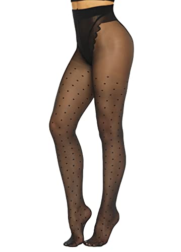 MANZI Patterned Tights Sheer Pantyhose for Women 20 Denier Stockings Black One Size with Polka Dot