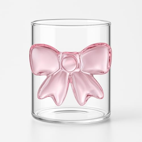 Image of FUNKYFINDS 1 Pack Pink Bow Glass Cups 300 Ml Juice Coffee Milk Mug with Cute Bow Design for Hot and Cold Beverages Cocktail Glass Cups Glassware for Women Friends Wedding Party Gift