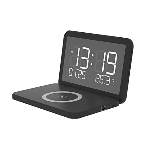 EODUDO-S Reloj Despertador Reloj de Espejo Plegable LED Reloj de Alarma Digital, teléfono inalámbrico de Carga Calendario perpetuo USB Reloj de Mesa Recargable para dormitorios (Color : Black)