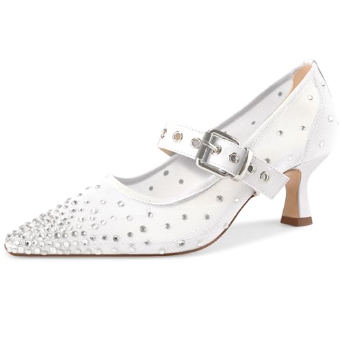 Image of Women's Mesh Closed Pointed Toe Heels Rhinestone Ankle Strap Buckle Kitten Heeled Mary Jane Pumps Dressy Prom Wedding Sandals Shoes 2 inch