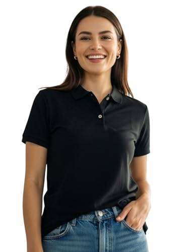 Image of JUNEBERRY Pure Cotton Regular Fit Plain Solid Classic Polo Collar Half Sleeve T-Shirt for Women (Colors: Olive, Maroon, Navy, Black, Green & Orange)