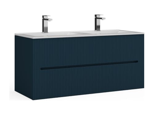 Vente-unique - Meuble de Salle de Bain Suspendu strié avec Vasque à encastrer - Bleu - 120 cm - PAVANI