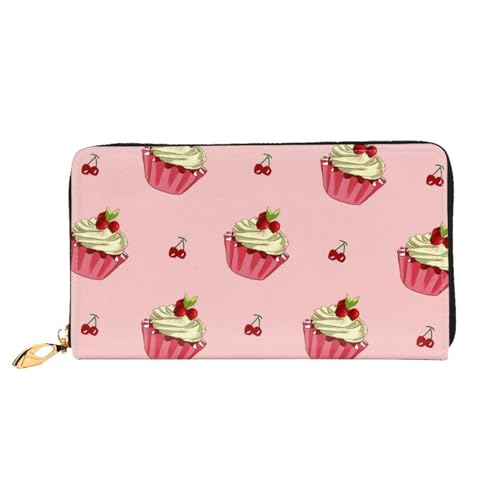 Leather Women Wallets, Long Credit Card Holder, Cherry Cake Print Billfold Clutch & Travel Purse Large Capacity