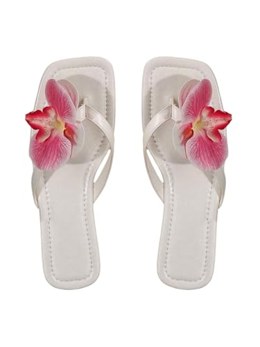 Women's 3D Floral Appliques Flip Flops Flat Sandals Flower Square Open Toe Thong Summer Beach Sandals