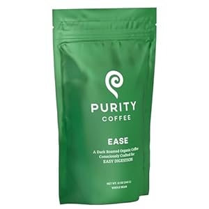 Purity Coffee EASE Dark Roast Low Acid Organic Coffee – USDA Certified Organic Specialty Grade Arabica Whole Bean Coffee – Third Party Tested for Mold, Mycotoxins and Pesticides – 12 oz Bag