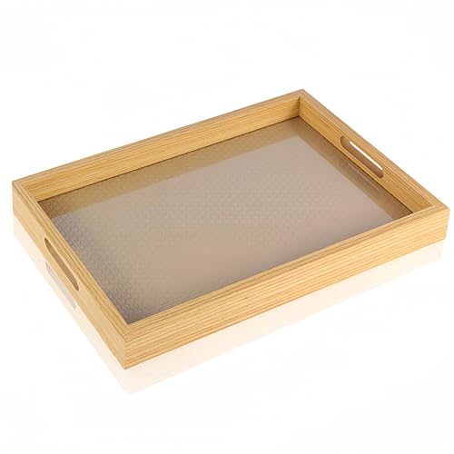 Rattan Rectangular Service Trays, Leather Surface Tray Food Drinks Tray,with Handles for Coffee Table, Breakfast, Dinner & Bar,Kitchen,Party(13.3×9.4×1.8inch)