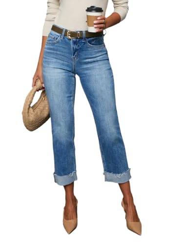 Women's Mid Rise Cropped Boyfriend Jeans Rolled Hem Casual Stretch Straight Leg Denim Pants