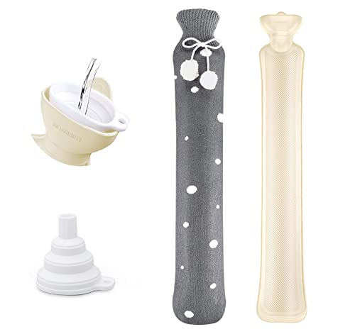 Grande Bouillotte Eau Chaude,2L Sac d'Eau Chaude avec Housse Tricotée Amovible & Lavable+Entonnoir, Longue Bouillote en Caoutchouc pour Soulager Douleur Rapide et Confort,Points Blanc sur Gris,73cm