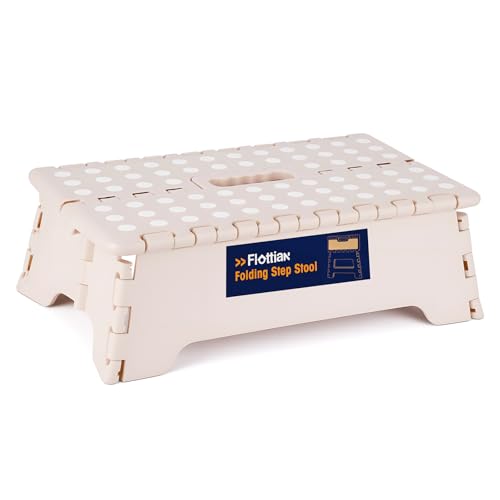 Image of Flottian 5 inch Folding Step Stool for Adults and Kids 15-Inch Extra Wide Stool Holds Up to 300 lbs,Non-Slip Folding Stools with Handle,Compact Plastic Foldable Step Stool for Bathroom,Kitchen,ect Khaki
