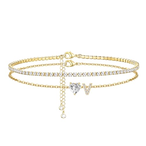 Image of Gold Initial Ankle Bracelets for Women 14K Gold Plated CZ heart Tennis Anklets for Women Waterproof Layered Adjustable Letter Anklets Large Ankle Summer Beach Foot Jewelry