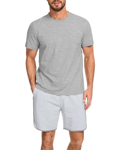 Atforna Pijama para homem curto conjunto de pijama com riscas pijama de verão de algodão pijamas para homens roupa de dormir de duas peças com calções, cinzento, M
