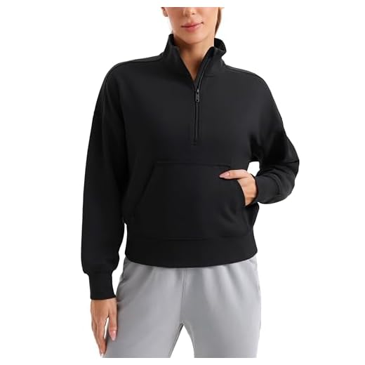 CRZ YOGA SoftAura Half Zip Sweatshirt for Women - Pullover Workout Casual Funnel Neck Sweat Shirts with Pocket Black Small