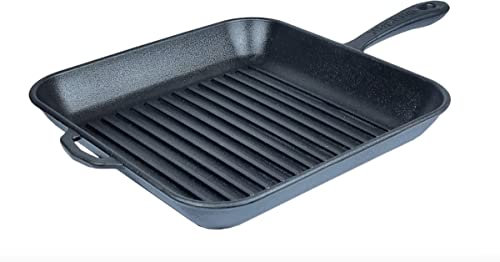 Sartén Grill de Hierro Fundido con Mango Metálico – 28 x 28 x 4 cm – Parrilla Cuadrada para Carne y Verduras – Apta para Inducción, Horno y BBQ – Sin PFAS – Sartén de Hierro Robusta – Negro Mate