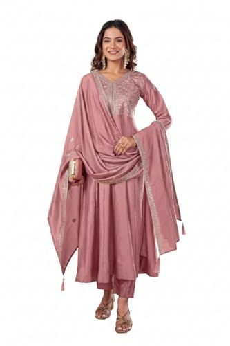 Women's Embroidered Silk Blend Anarkali Kurta with Trousers & Dup...