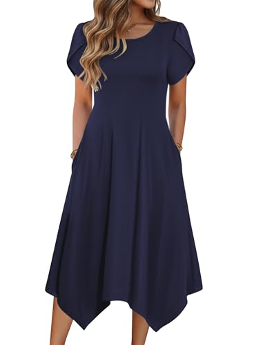 Zeagoo Midi Beach Dresses for Women Midi Summer Dresses for Womens Short Sleeve Dresses Plus Size Floral Dress Casual Flowy Long Dress Navy M