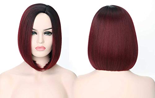 Benegem Red Burgundy Bob Wigs Slight Side Part Lob Straight Synthetic Wig Glueless Halloween Party Wigs 14 inch