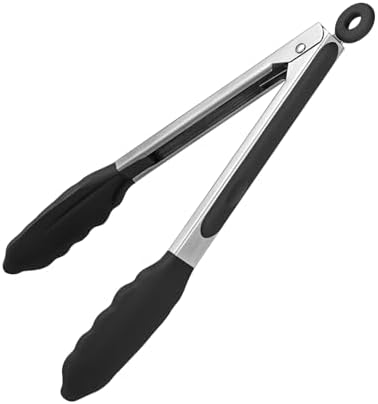 Heat Resistant Silicone Kitchen Tong: U-Taste 9 inch 480ºF Hot Proof Cooking Tong with Firm Sealed Non Stick Rubber Tips & Silicon Coated Steel Handle & Smooth Locking for Serving Grill Salad (Black)