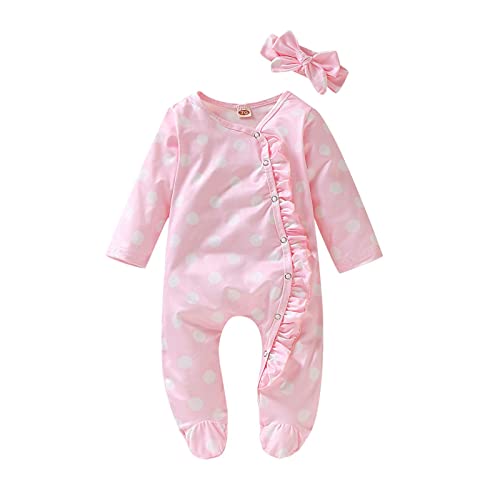 Newborn Infant Baby Girl Boy Ruffle Polka Dot Footed Sleeper Romper Headband Clothes Outfits Set (Hot Pink, 0-3 Months)
