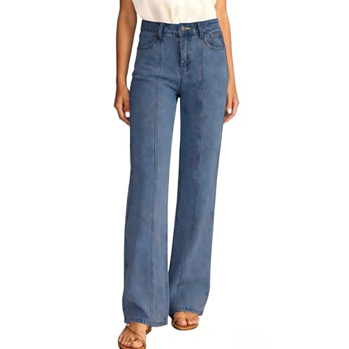 MARIASHA Pull On Women's Wide Leg Jeans High Waisted Stretchy Buttoned Denim Pants Jean Vintage Blue L