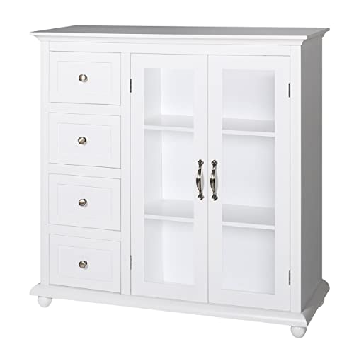 Veikous Sideboard Buffet Cabinet, Coffee Bar Storage Cabinet, Sideboards And Buffets With Storage And 4 Drawers & Glass Doors, Freestanding Kitchen Buffet Console Table For Dining Room, White #TOP5