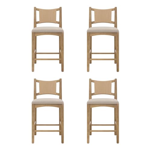 Image of Nathan James Elodia Boho Counter Height Bar Stool with Back, Woven Seagrass Backrest and Solid Wood Frame, Light Brown Set of 4