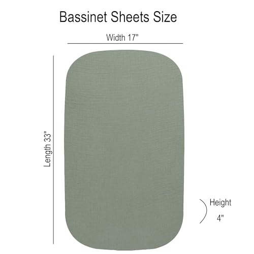 Image of Onacosht Muslin Bassinet Sheets 3 Pack for Baby Unisex, Green and Botanical | Skin-friendly, 100% Cotton Bassinet Fitted Sheets, 33 inch X 17 inch, Universal Size for Standard Oval & Rectangle Bassinet Mattress