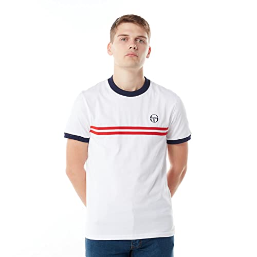 Sergio Tacchini Camiseta Supermac con rayas blancas para hombre, Blanco/Adrenaline Rush, M