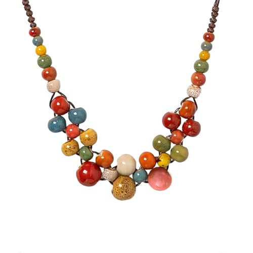 Floruvia Collier en perles de céramique Boho Hippie pour femmes, collier épais et coloré style bohème automne